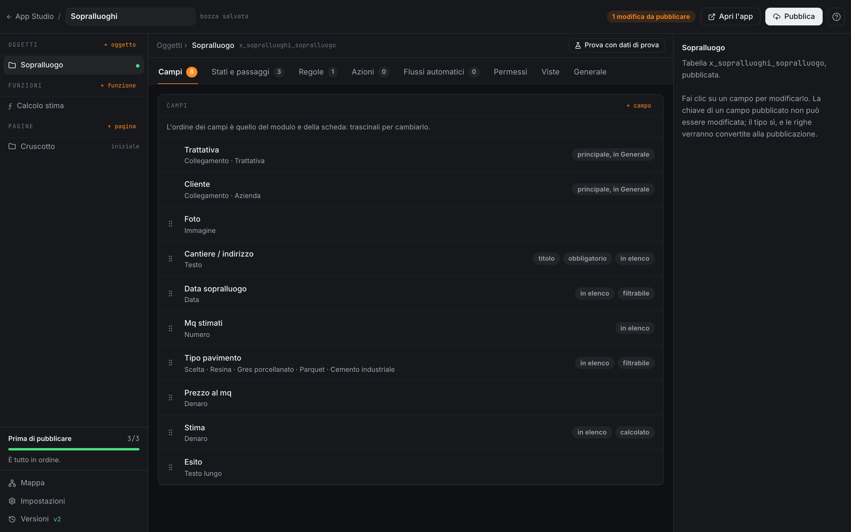 An app’s studio: the object’s fields, with their type