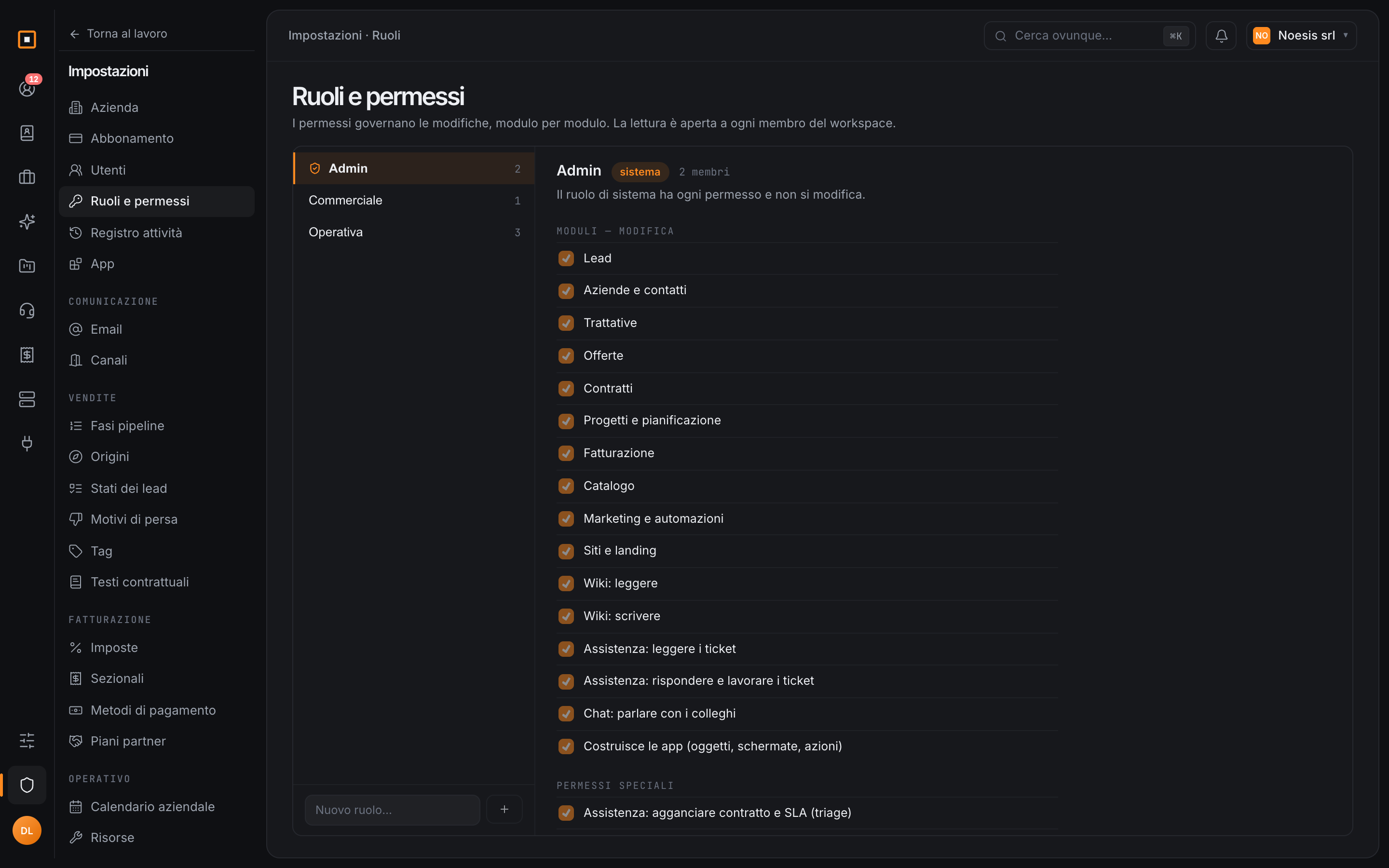 I permessi, modulo per modulo, ruolo per ruolo