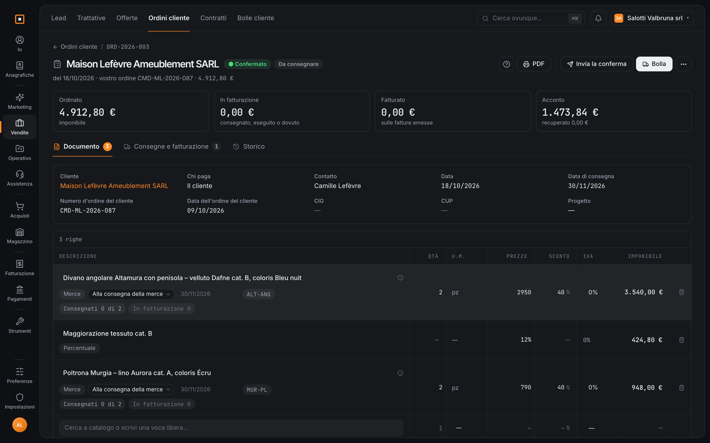 The order: lines, delivered, in billing and deposit