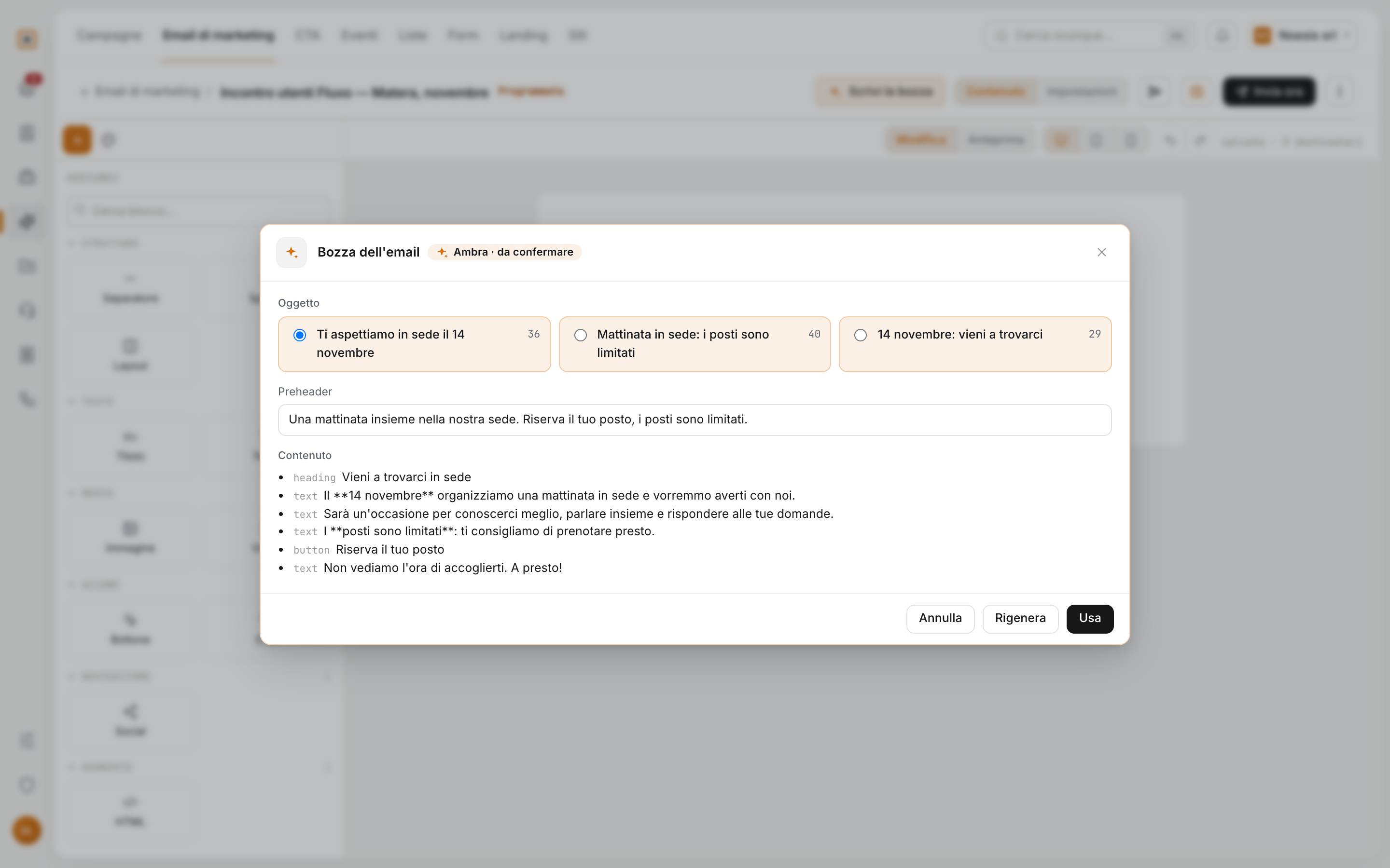La bozza di un'email di marketing: tre oggetti e i blocchi