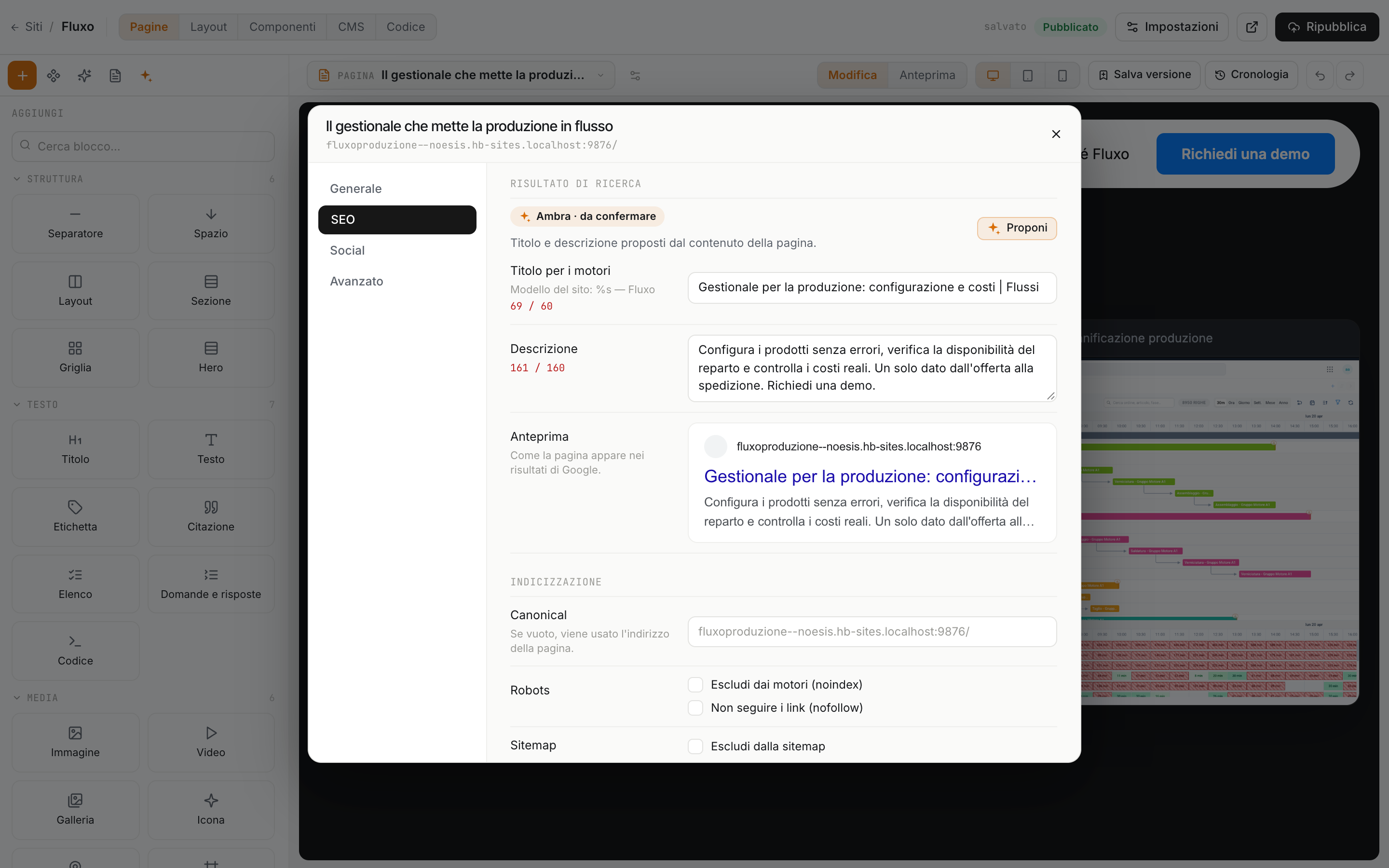 Titolo e descrizione SEO proposti per una pagina del sito