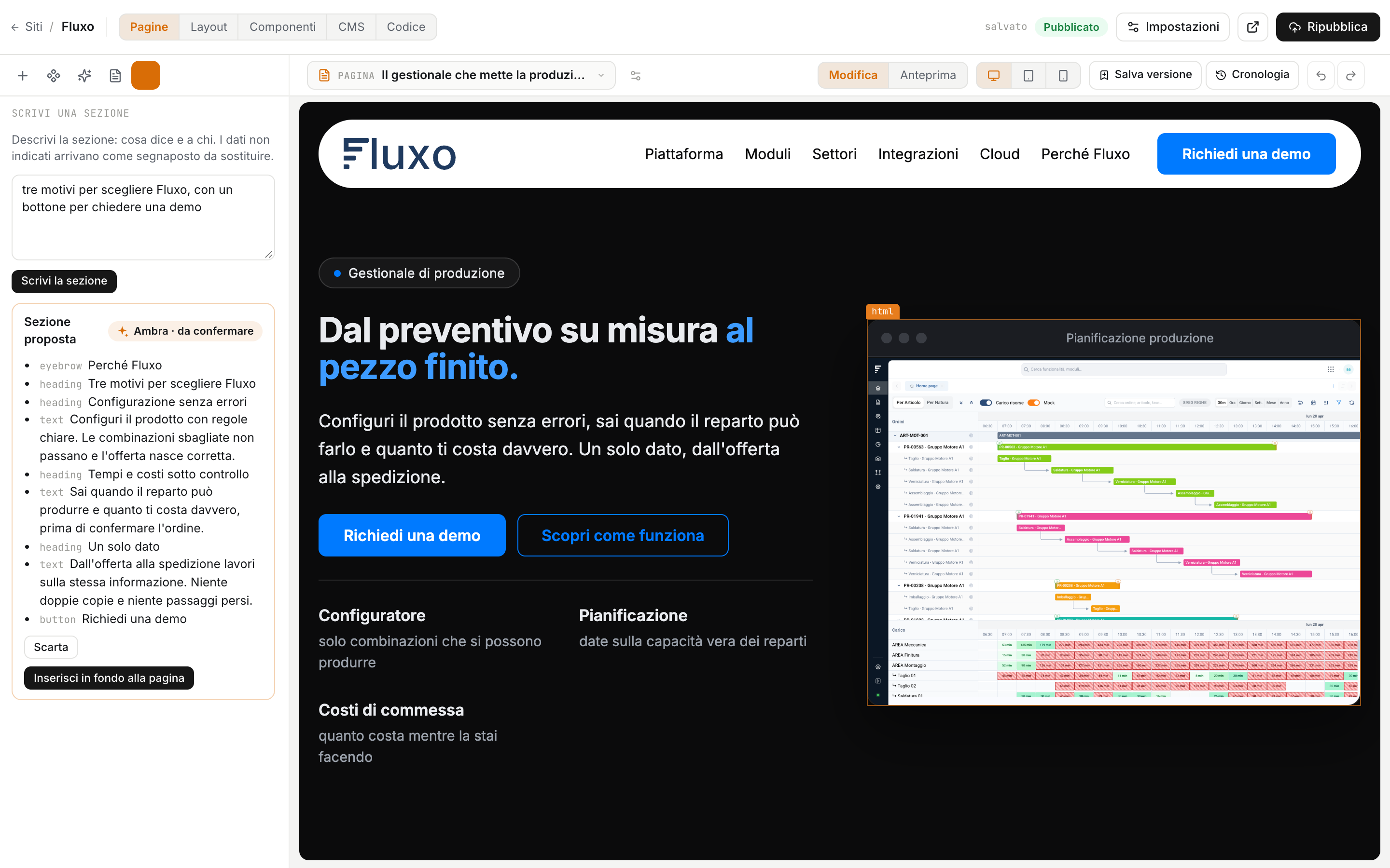 La sezione proposta per una pagina del sito, blocco per blocco