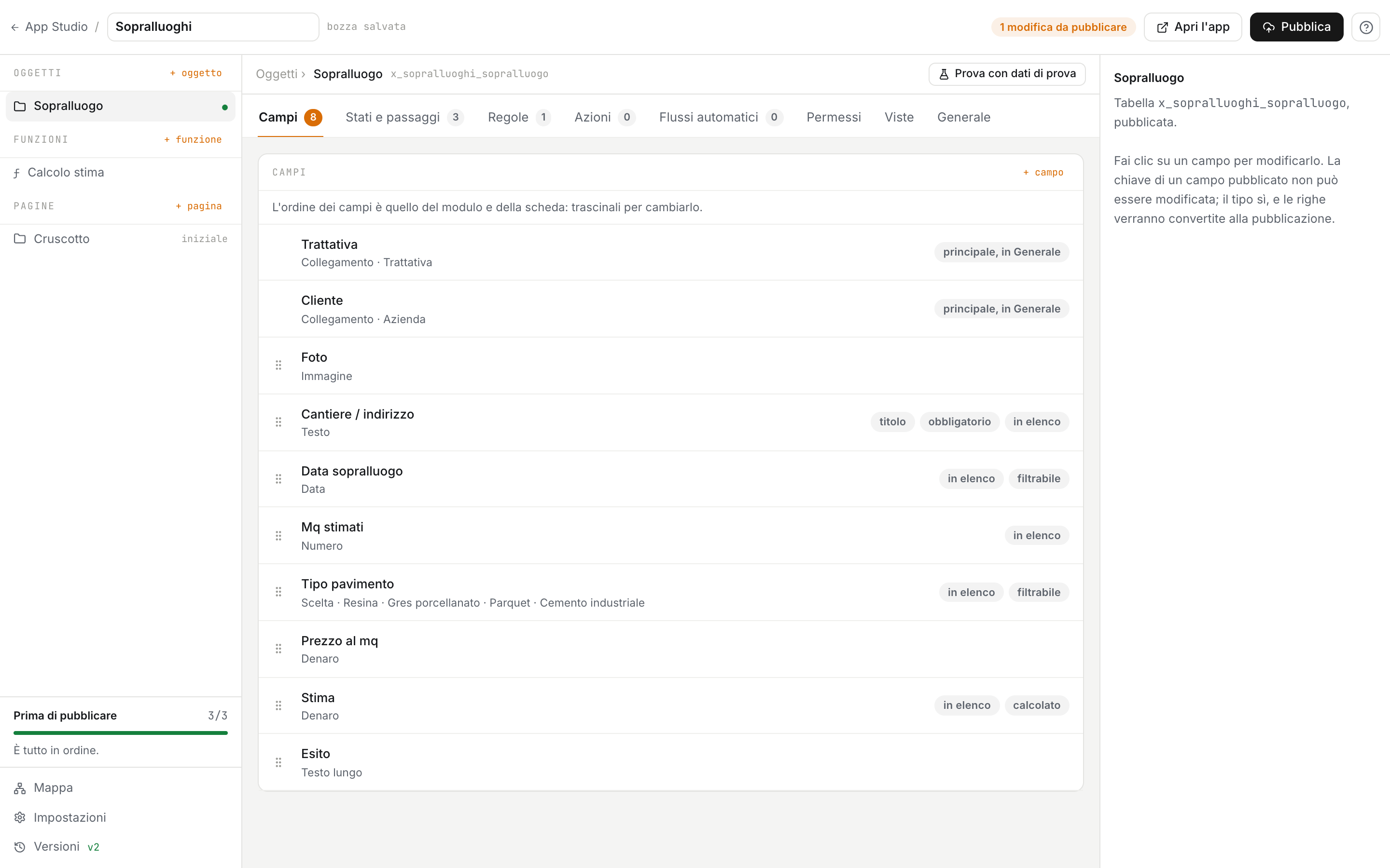 An app’s studio: the object’s fields, with their type