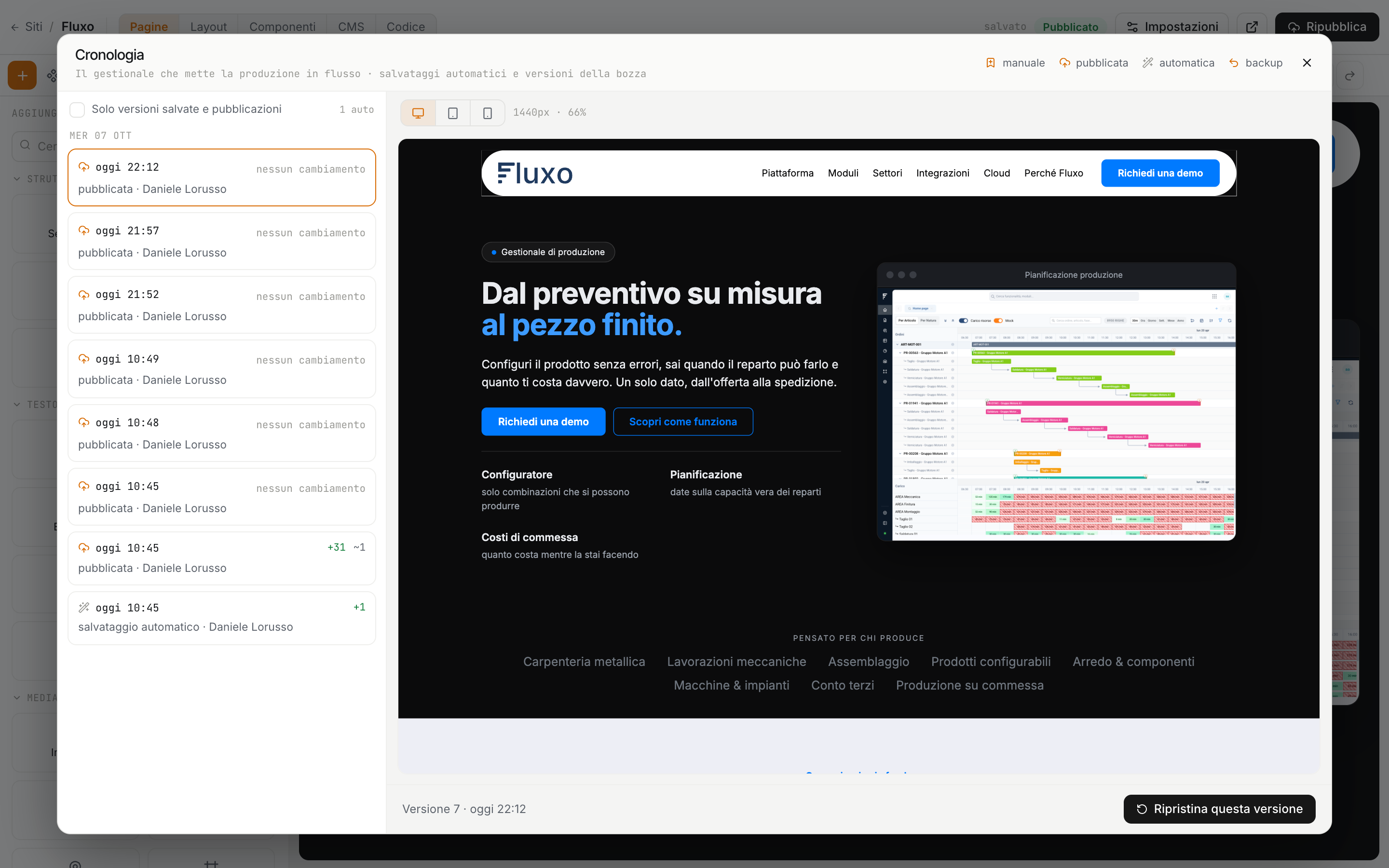 La cronologia di una pagina, con le versioni a sinistra e l'anteprima a destra
