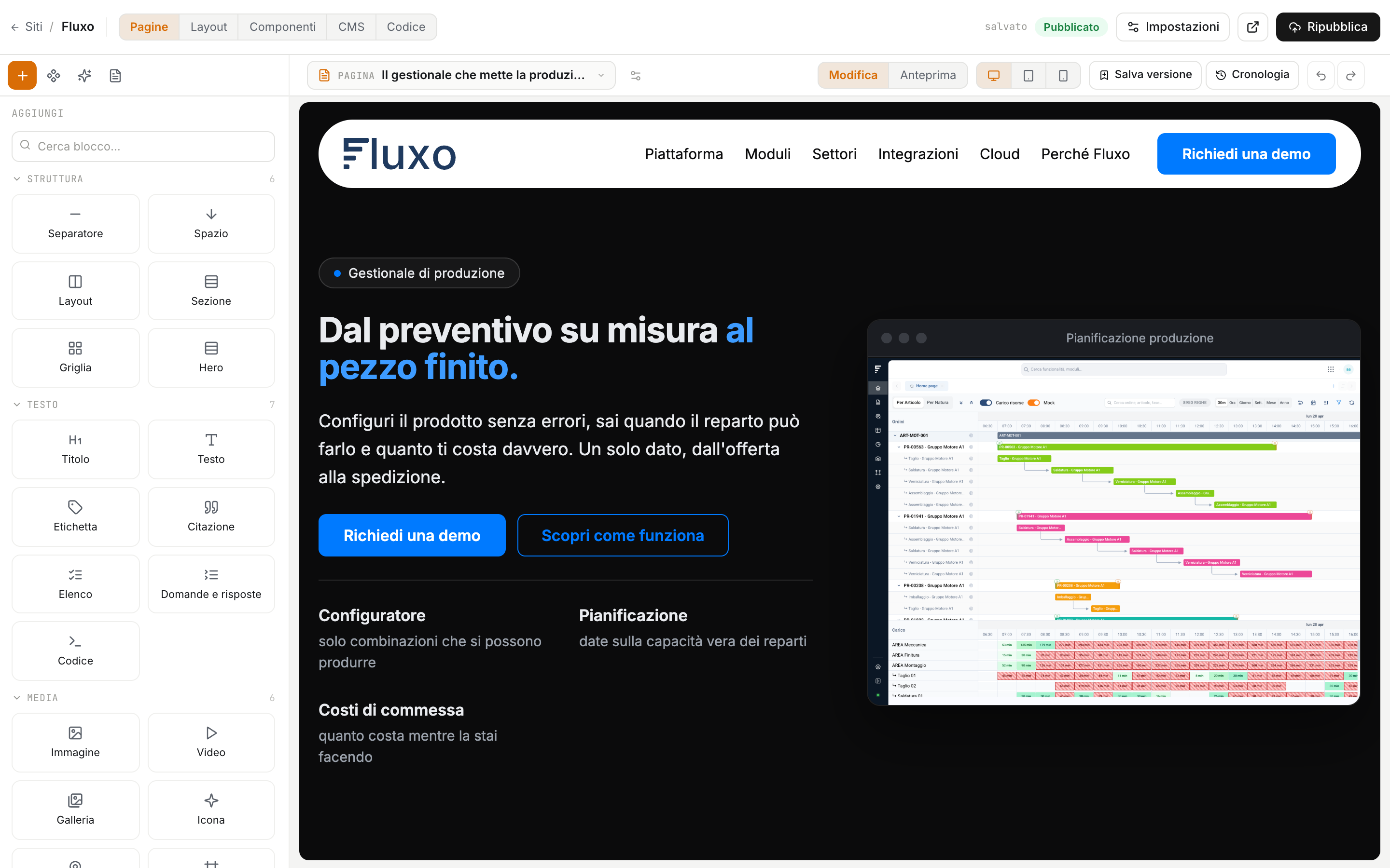 L'editor del sito: i blocchi a sinistra, la pagina al centro