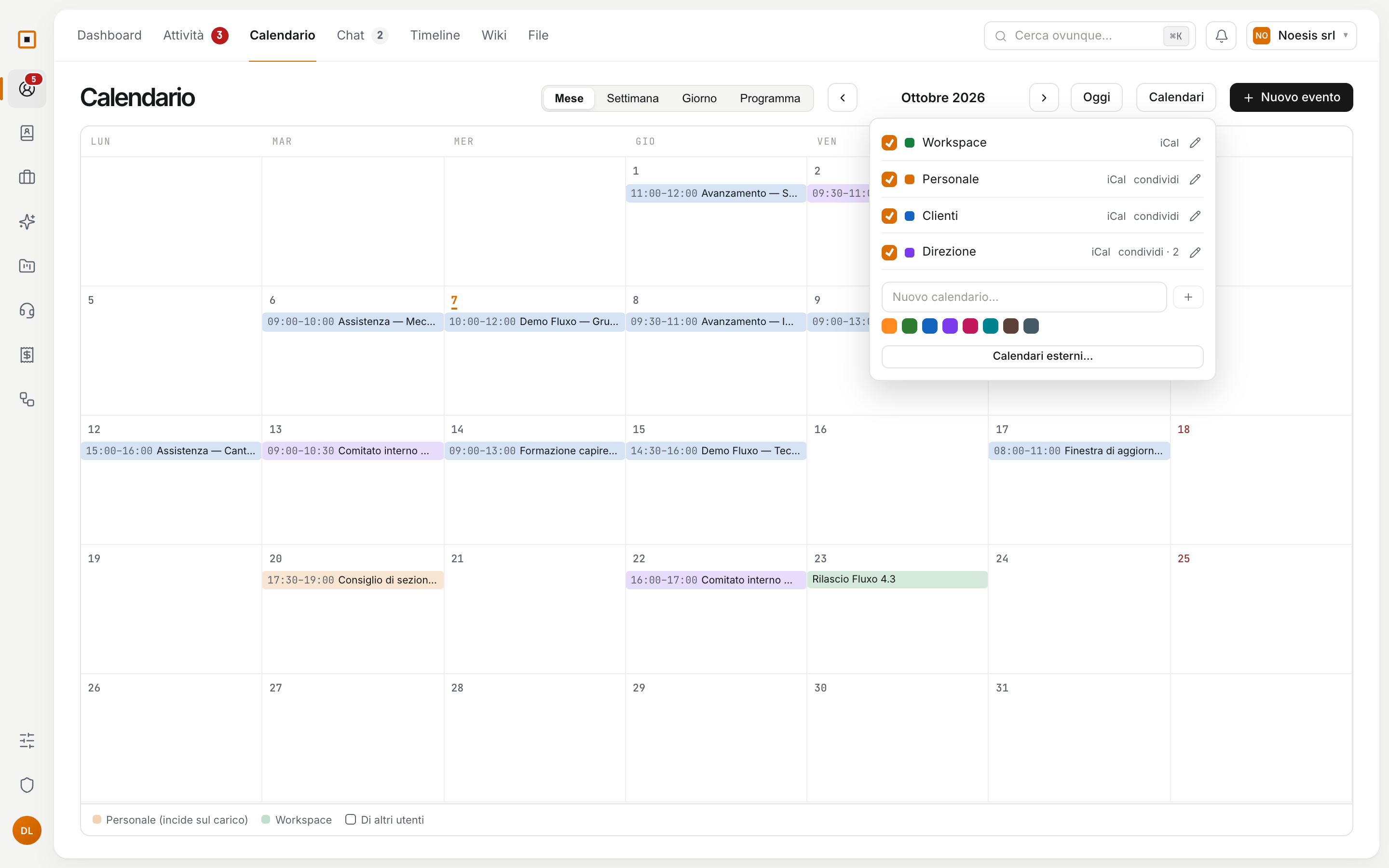 Il calendario del mese, con il pannello dei calendari aperto