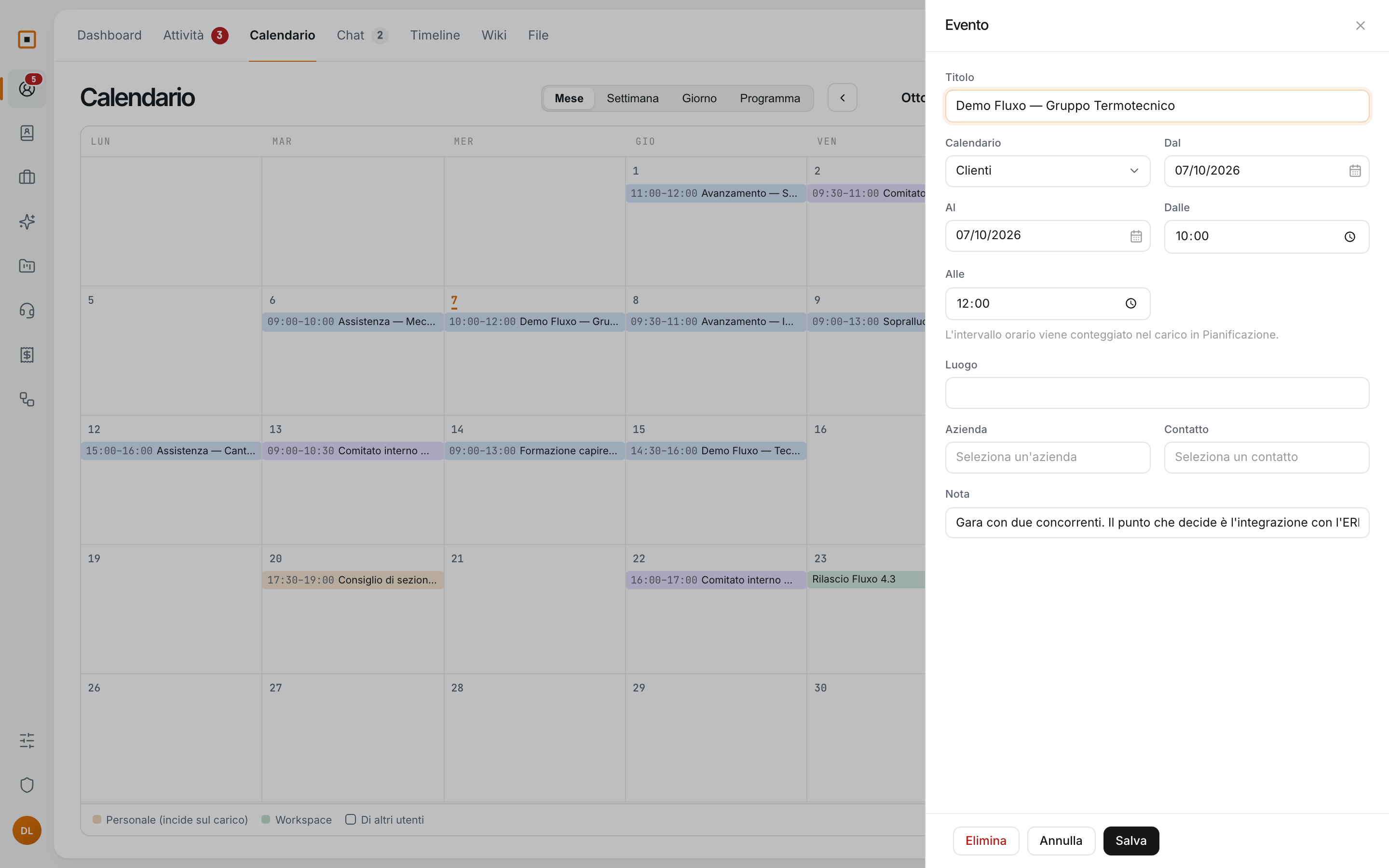Il pannello di un evento con titolo, calendario, orari, azienda e contatto