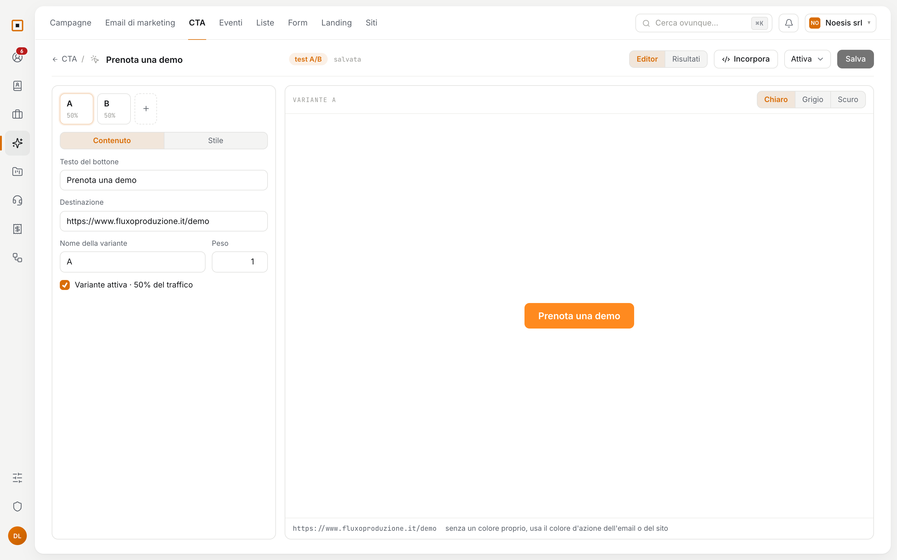 L'editor di una CTA con due varianti in test A/B