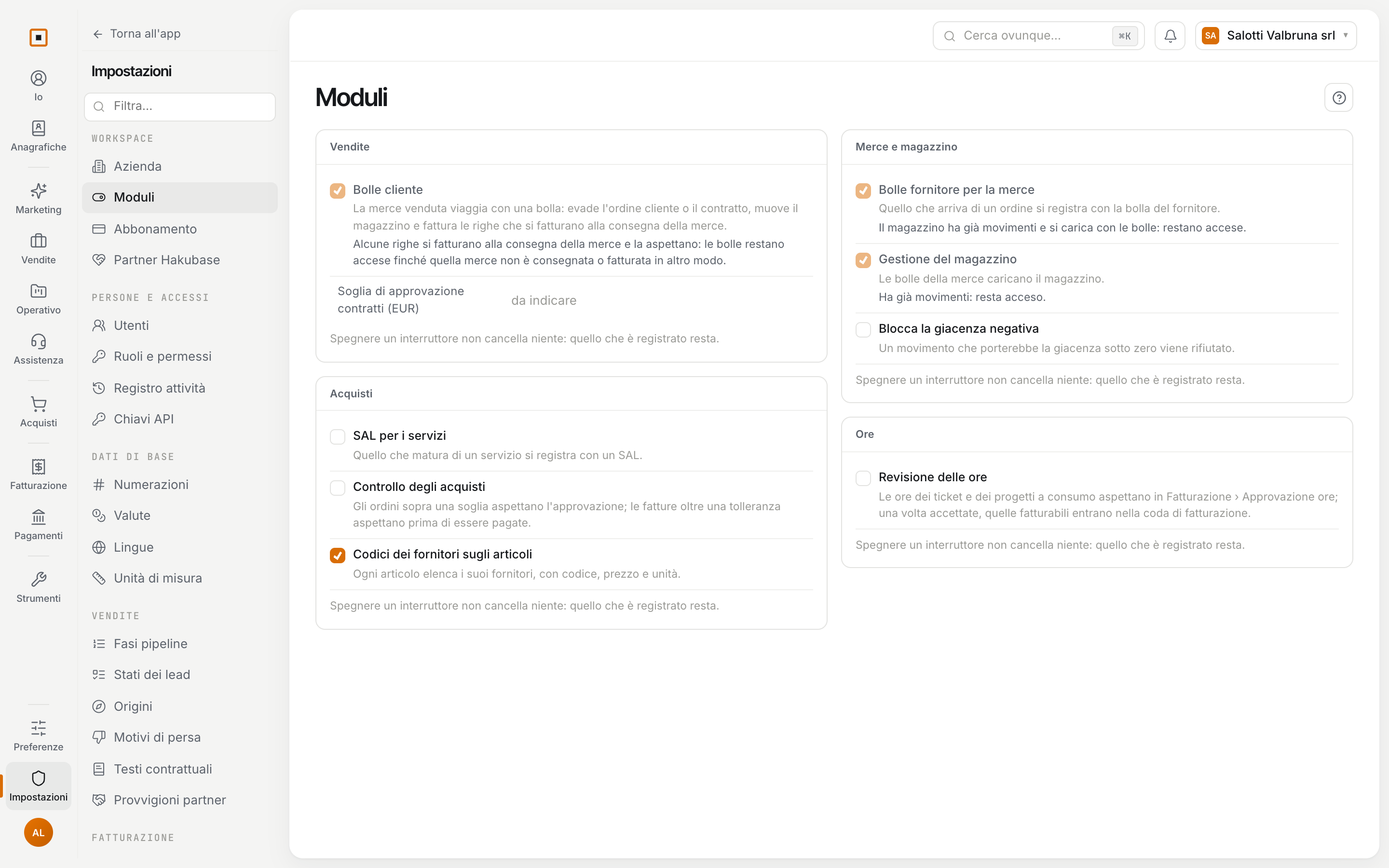 La pagina Moduli con i riquadri Vendite, Acquisti, Merce e magazzino e Ore, e gli interruttori accesi o spenti
