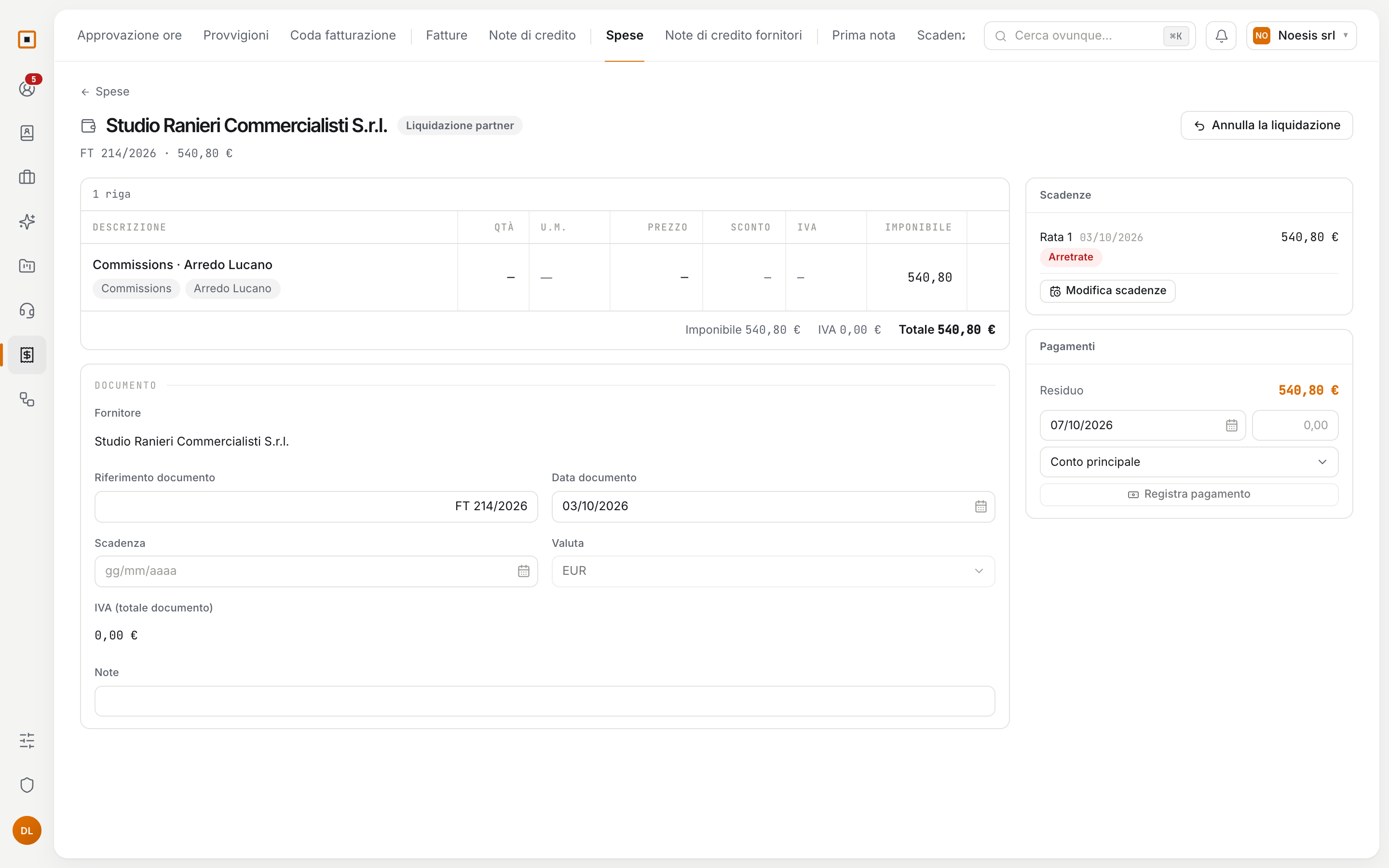 Una spesa con le righe attribuite a clienti e progetti
