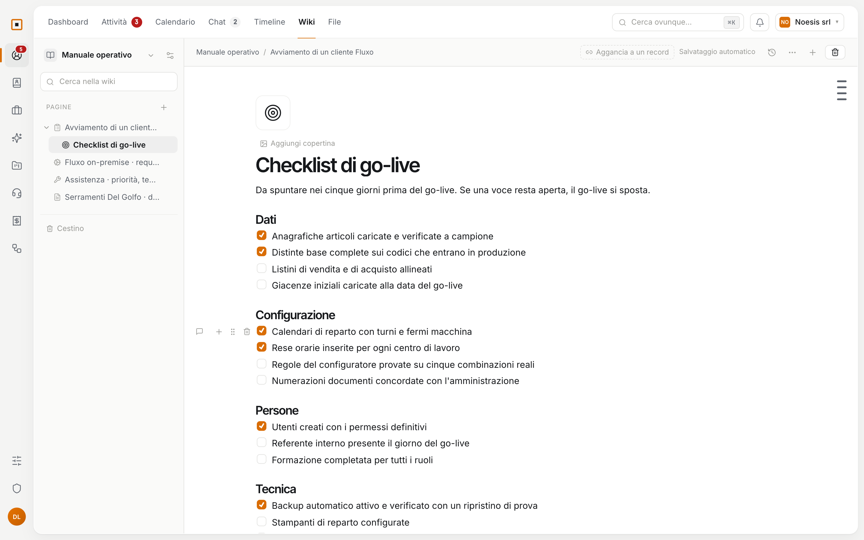 Una pagina della wiki con una checklist da spuntare