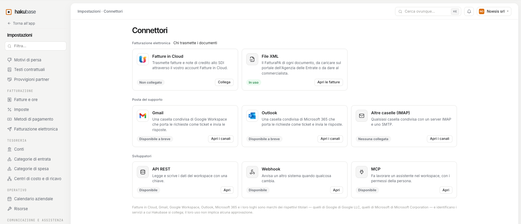 La pagina Connettori, con la scheda Fatture in Cloud non ancora collegata