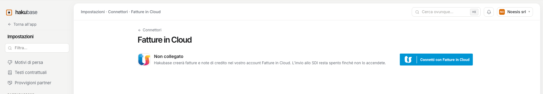La pagina di Fatture in Cloud prima del collegamento, con il bottone Connetti con Fatture in Cloud